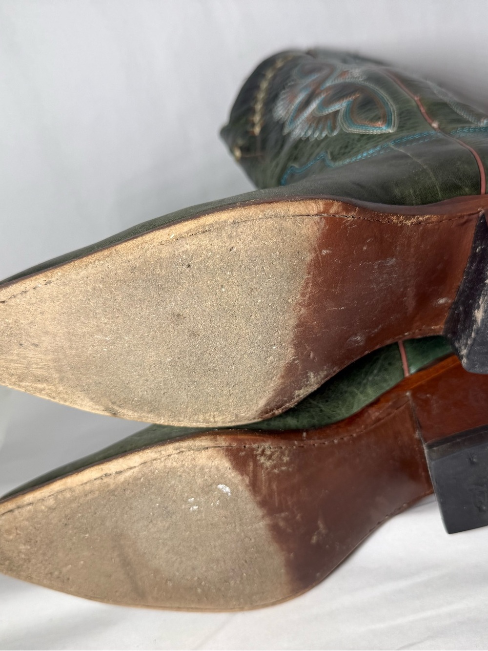 Justin Boots Tan Leather Cowboy Boots with Teal Stitching - Picture 8 of 11